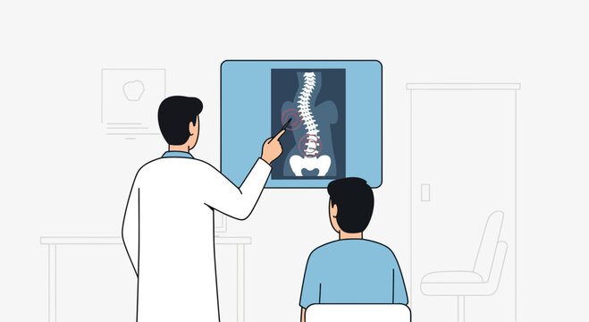 Doctor showing spine x-ray to patient, scoliosis diagnosis, medical consultation
