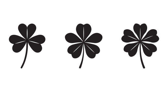 Three black clover leaf silhouettes with stems on white background  cloverleaf shapes with rounded hearts