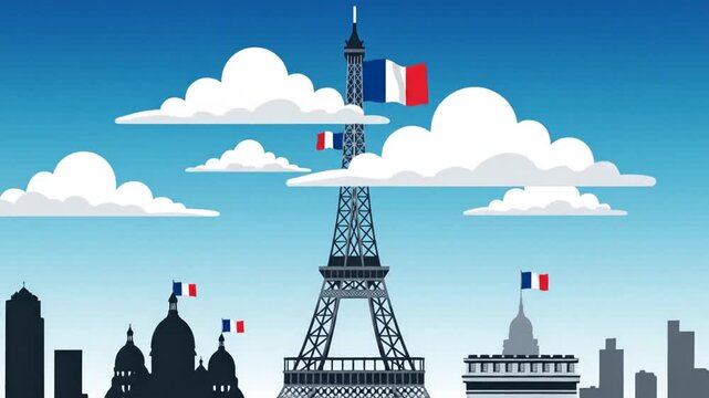 Celebrate Bastille Day with a vibrant Parisian skyline featuring the Eiffel Tower and French flags under a clear blue