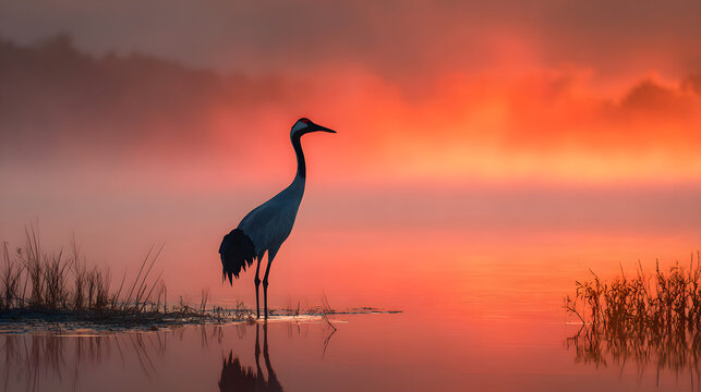 A crane stands in a lake at sunset