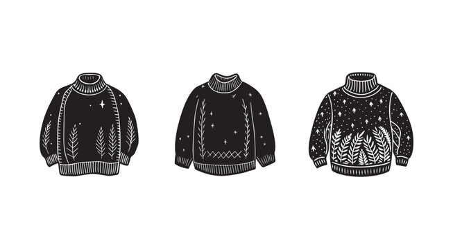 Three black knitted sweaters with white patterns  winter clothing  fashion design  isolated on white background