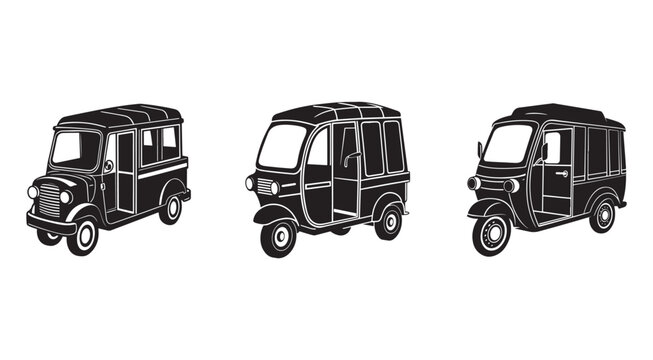 Three black tuk tuks in different angles for transportation and travel concepts