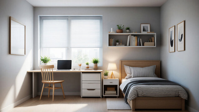 Student dorm room with bed and integrated desk area with study area small space single bed