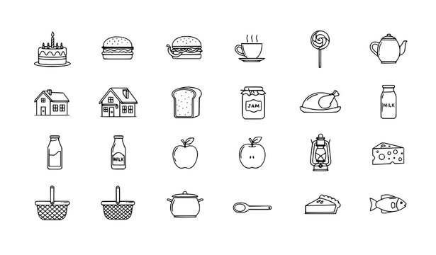 Minimal traditional outline icons set with classic food kitchen and home objects clean vector illustration