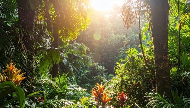 Lush tropical forest with bright sunlight