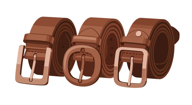 Three Brown Leather Belts with Different Buckles, Rolled Up
