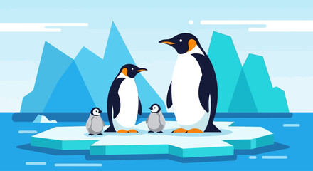 Family of penguins on ice floe, arctic landscape, cute animals, winter scene © Exotic