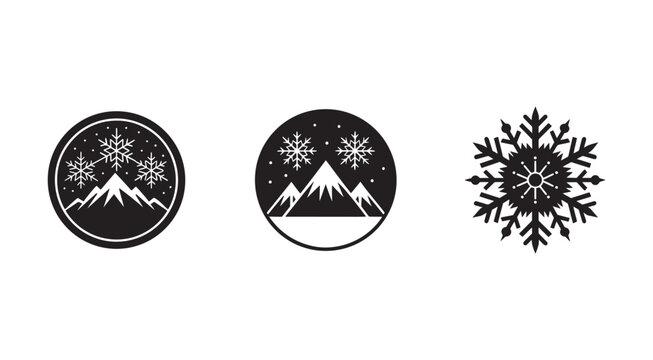 Winter mountain landscape icons with snowflakes and mountains in circles and a single snowflake on white background