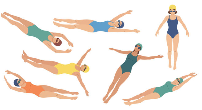 Diverse women swimming freestyle and backstroke in a pool, vintage style illustration