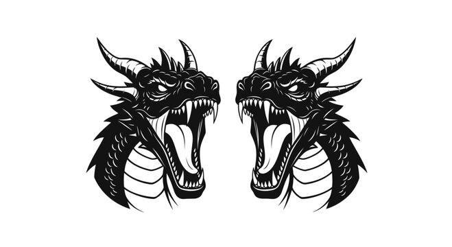 Fierce Dragon Heads Silhouette, Mythical Creature, Fantasy Art