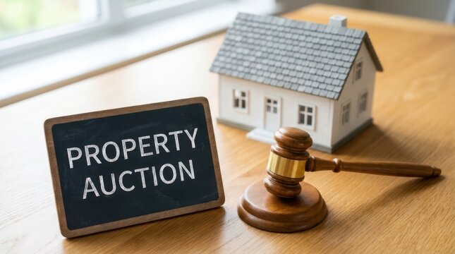 Property auction sign with miniature house model and judge gavel on wooden table in home office set.