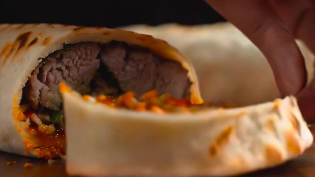 shawarma slicing close-up, juicy meat wrap cut with knife revealing spiced filling and vegetables, street food preparation, flavorful fast food concept with rich texture and warm tones