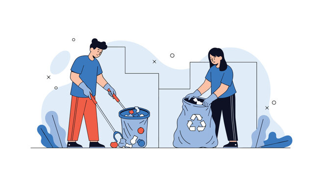 Dedicated young man and woman working together to collect trash and sort recycling into bags to protect the environment.