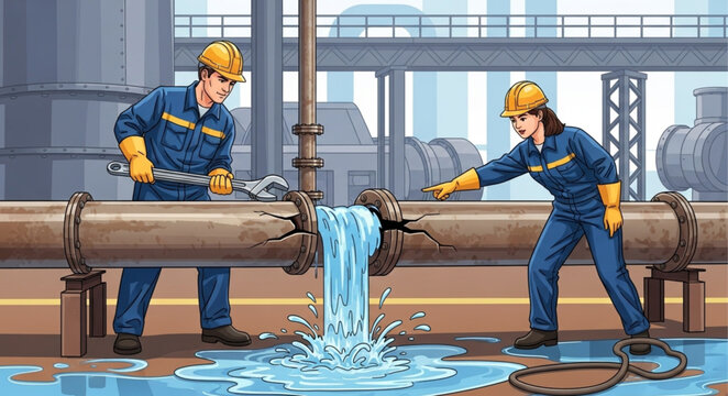 Industrial workers repairing a damaged pipe with water leaking out.