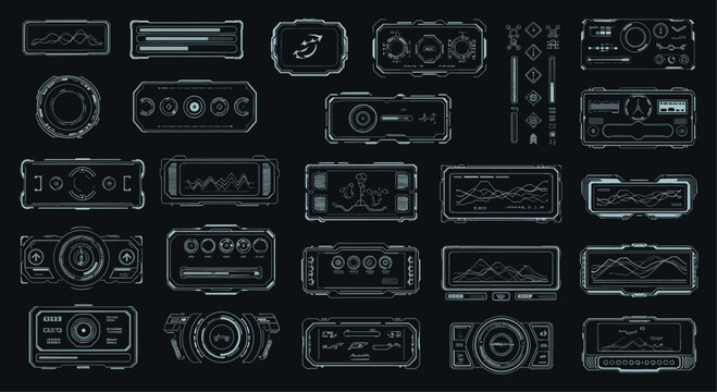 Huge set of futuristic head up display elements with various digital frames, data charts, and high tech interface symbols.