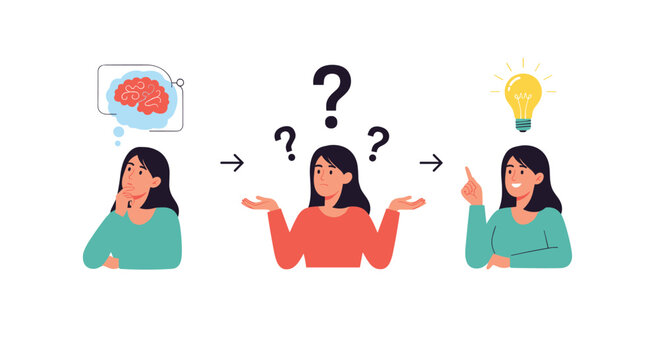 Sequence of a woman moving from a state of deep thought to confusion and finally having a bright idea with a lightbulb.