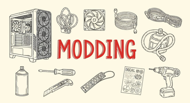 Handdrawn Sketch of Computer hardware modding and tools.set 