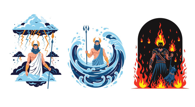 Dramatic illustrations of the three major Greek gods Zeus, Poseidon, and Hades with their symbolic elements and backgrounds.