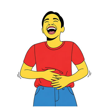 Joyful person laughing heartily holding stomach with wide open mouth