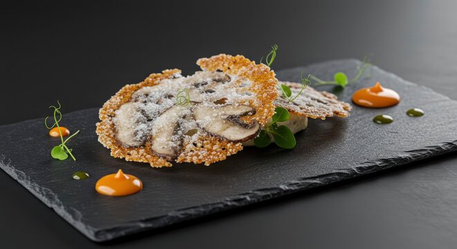 Gourmet Mushroom Dish with Crispy Tuile and Sauces