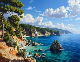 Fototapeta premium A serene coastal landscape with clear turquoise waters and rugged cliffs