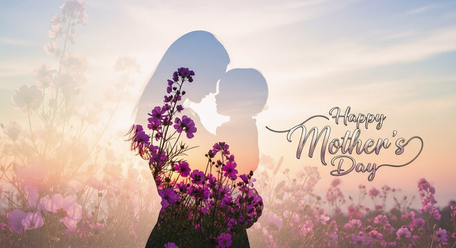 Happy Mother&rsquo;s Day Silhouette Art with Flowers and Sunset Background