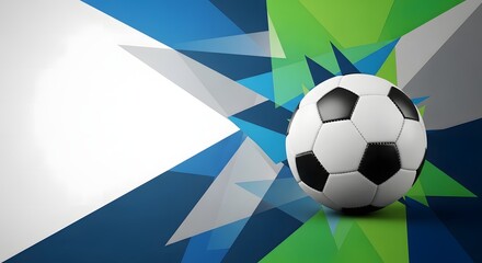 Obraz premium A black and white soccer ball placed against a vibrant background, of blue and, green geometric triangles, and sharp shapes