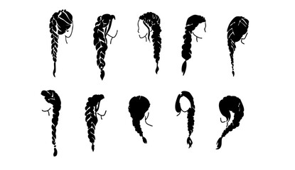 A collection of black silhouettes of various braided hairstyles on a white background © pixelzoo