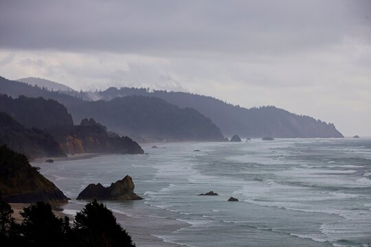 Dramatic rock formations line the coast of Northwestern Oregon