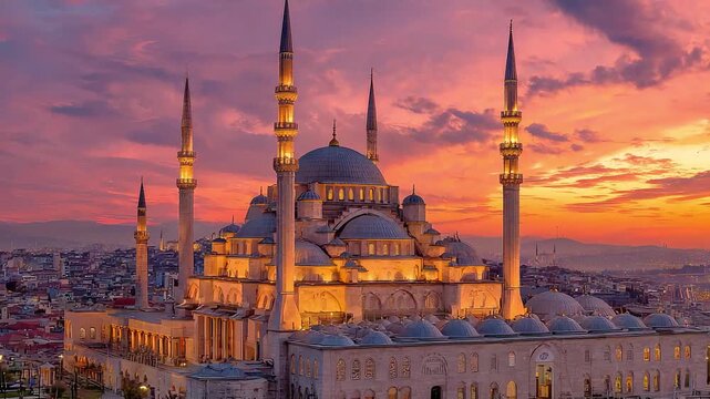Breathtaking view of the Hagia Sophia in Istanbul, bathed in the warm glow of a vibrant sunset. Perfect for travel blogs, cultural marketing, or showc