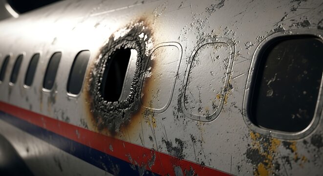 Close-up view of a damaged airplane fuselage with a large hole and burn marks.