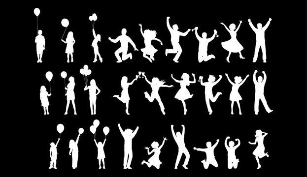 A group of white silhouettes of people jumping and celebrating on a black background