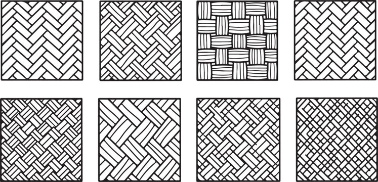 Patterns of alternating diagonal stripes in black and white geometric designs Vector