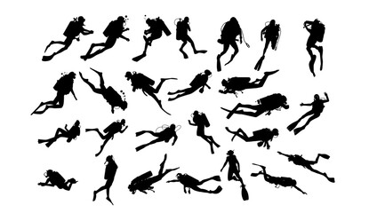 A collection of scuba divers in various swimming positions on a white background © pixelzoo