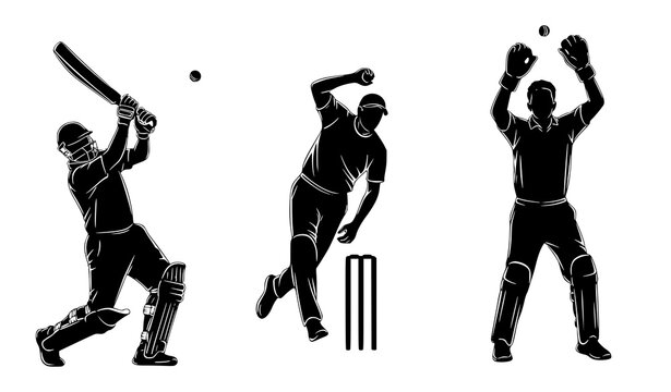 Cricket player silhouettes action set batsman bowler fielder vector illustration isolated on white background