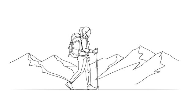 Minimal continuous line woman hiking mountain backpack adventure vector illustration isolated on white background