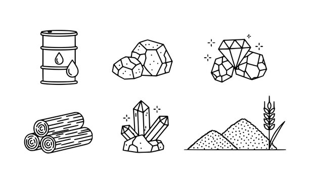 Iconos de materias primas vector l&iacute;nea industria recursos naturales