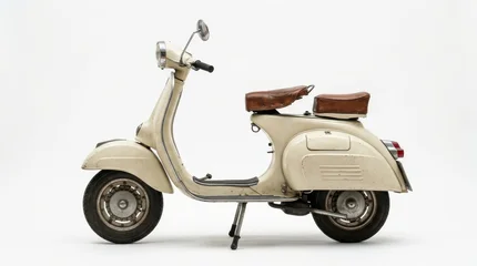 Fototapete Scooter A vintage beige vespa scooter parked in profile, captured with clean studio lighting against a minimalist white background for a classic look.  © E