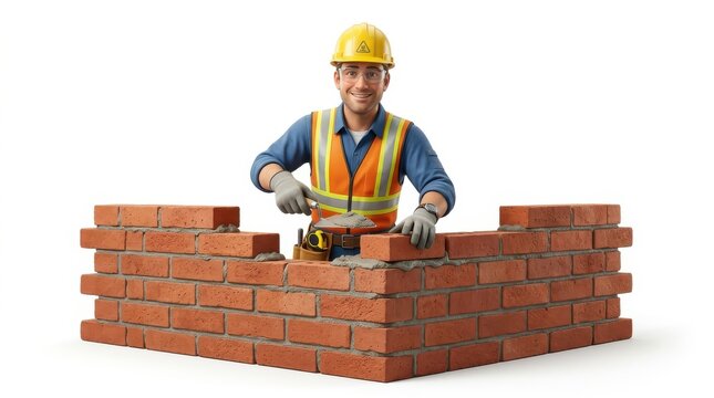 Smiling construction worker building a red brick wall with a trowel in a professional studio shot on a clean white background.