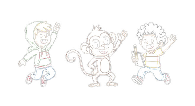 Happy kids and cute monkey character set jumping and waving flat vector illustration for school and education