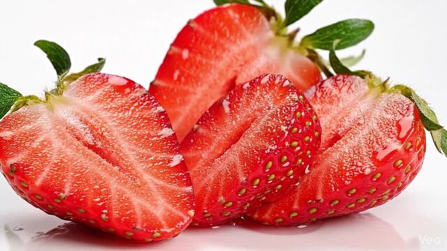 A video showcasing fresh strawberries on a white background