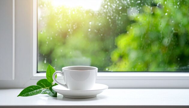 Cup of tea by window on rainy day