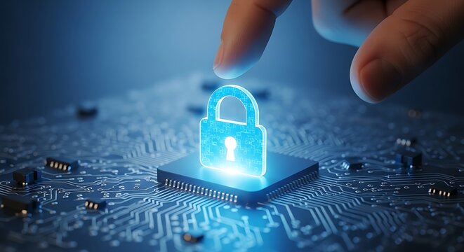 A glowing padlock hologram being touched by a finger, on a circuit board