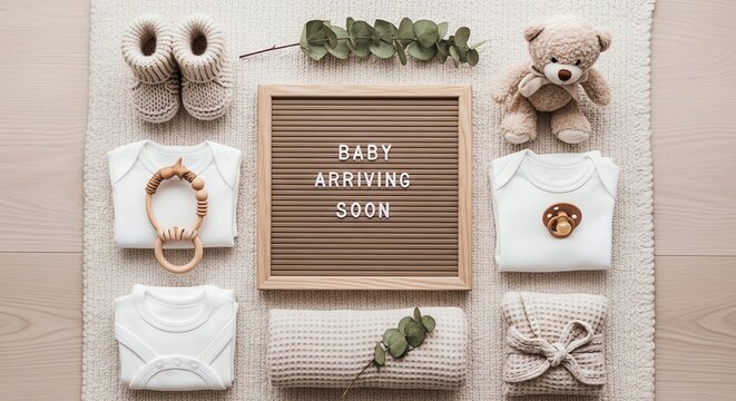 Letter board with baby arriving soon text surrounded by knitted booties, baby clothes, and a plush bear