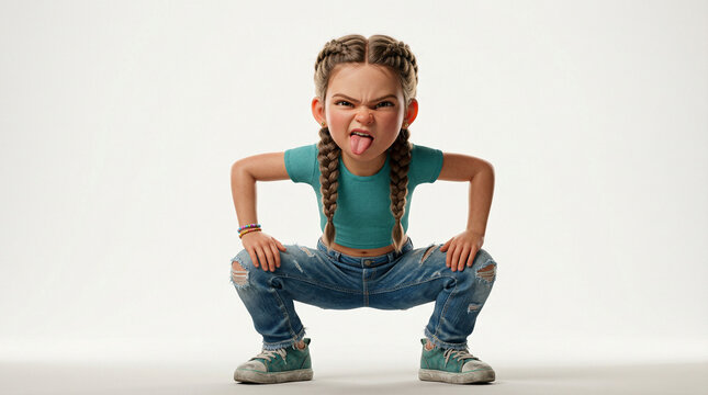 Rebellious little girl making a funny face and crouching in studio