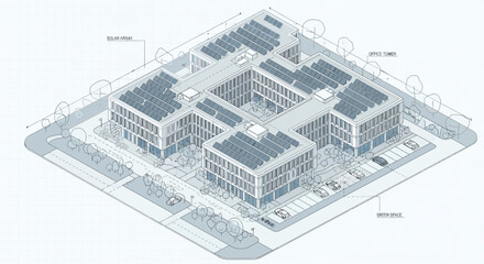 Fototapeta premium Isometric architectural drawing of a modern building complex with solar panels on roofs, surrounded by roads and parking.