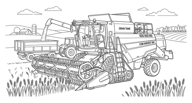 Combine harvester and tractor working in wheat field during harvest season