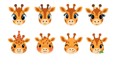 Fototapeta premium Cartoon giraffe faces collection on black background