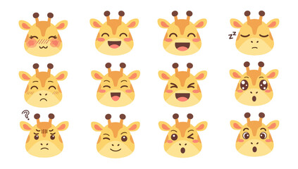 Obraz premium Cartoon giraffe heads expressing emotions isolated on black background