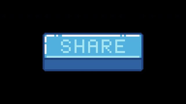 Retro pixel art share button in blue on dark background. 8 bit style interactive UI element with bold text. Game inspired call to action design. Social media and digital content concept.